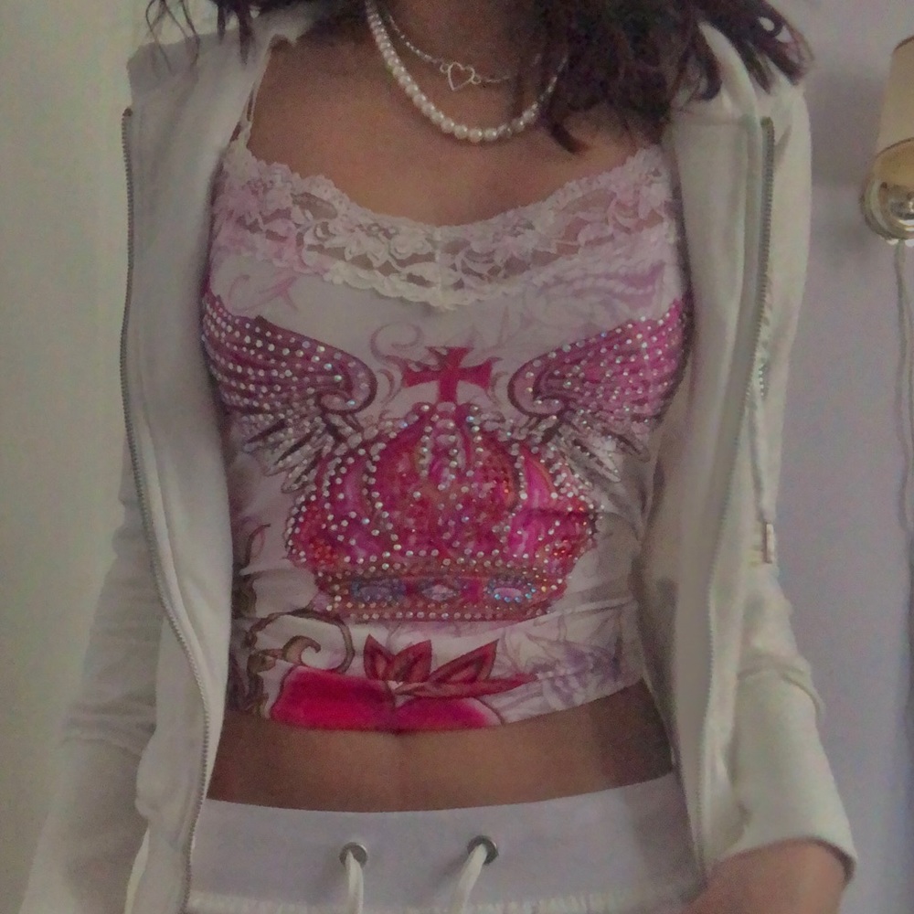 SOLD‼️‼️Lace y2k bimbo ed hardy and juicy couture style rhinestone tank top